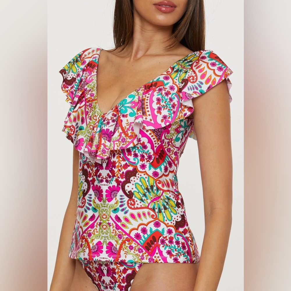 Trina Turk Women's Bloom Tankini, V-Neck, Casual, Floral Print, Swimsuit Tops - Picture 2 of 6